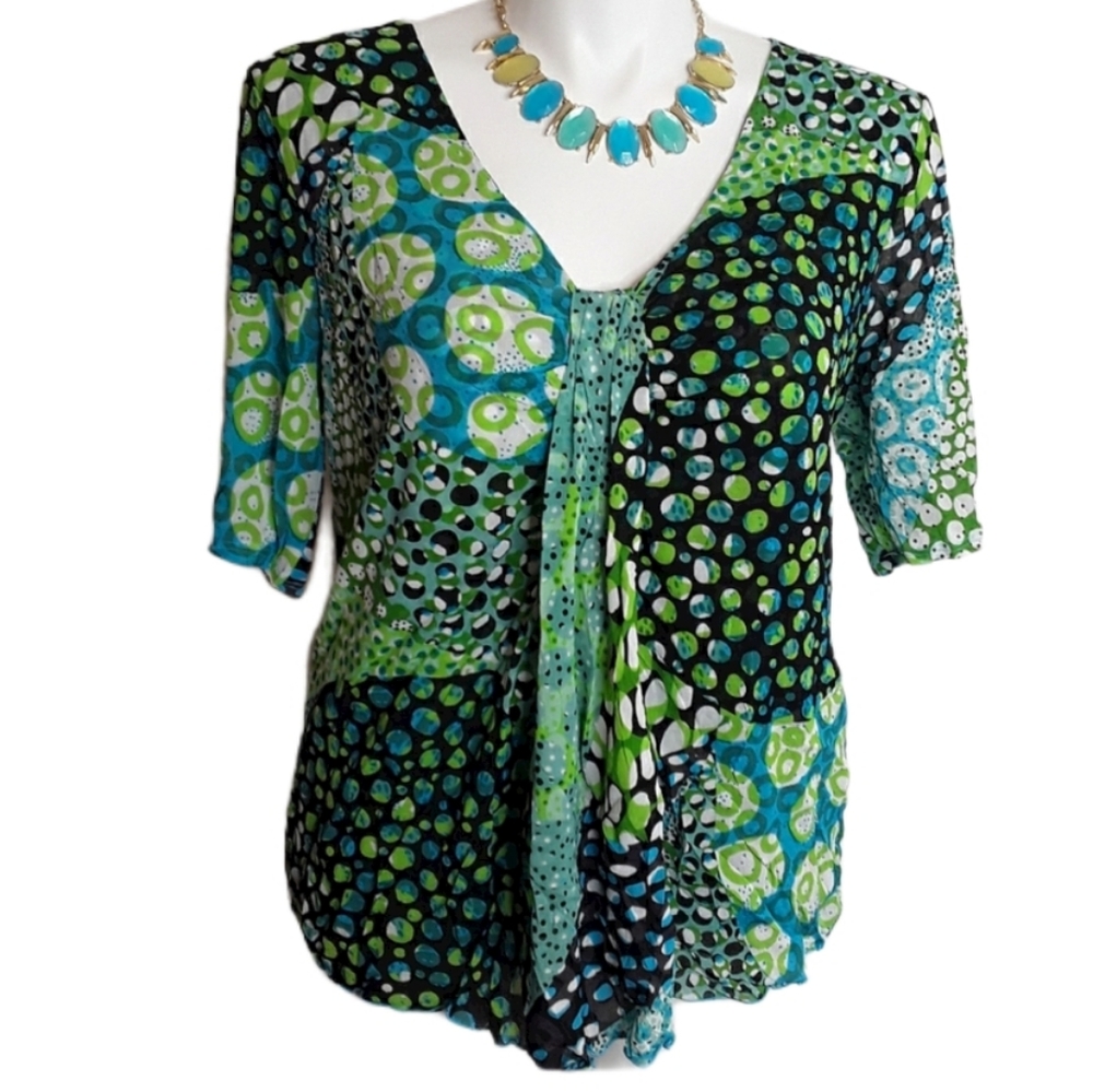 Kenneth Cole Multi Pattern Boho Green Blue Teal Half Sleeve Nylon Top EUC sz 3X